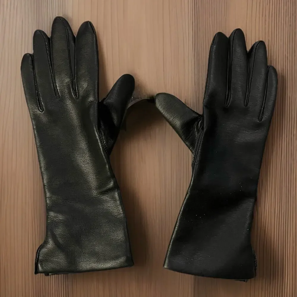 Vintage Fownes Leather Gloves Medium Black Lined Womens Driving Day Dress
